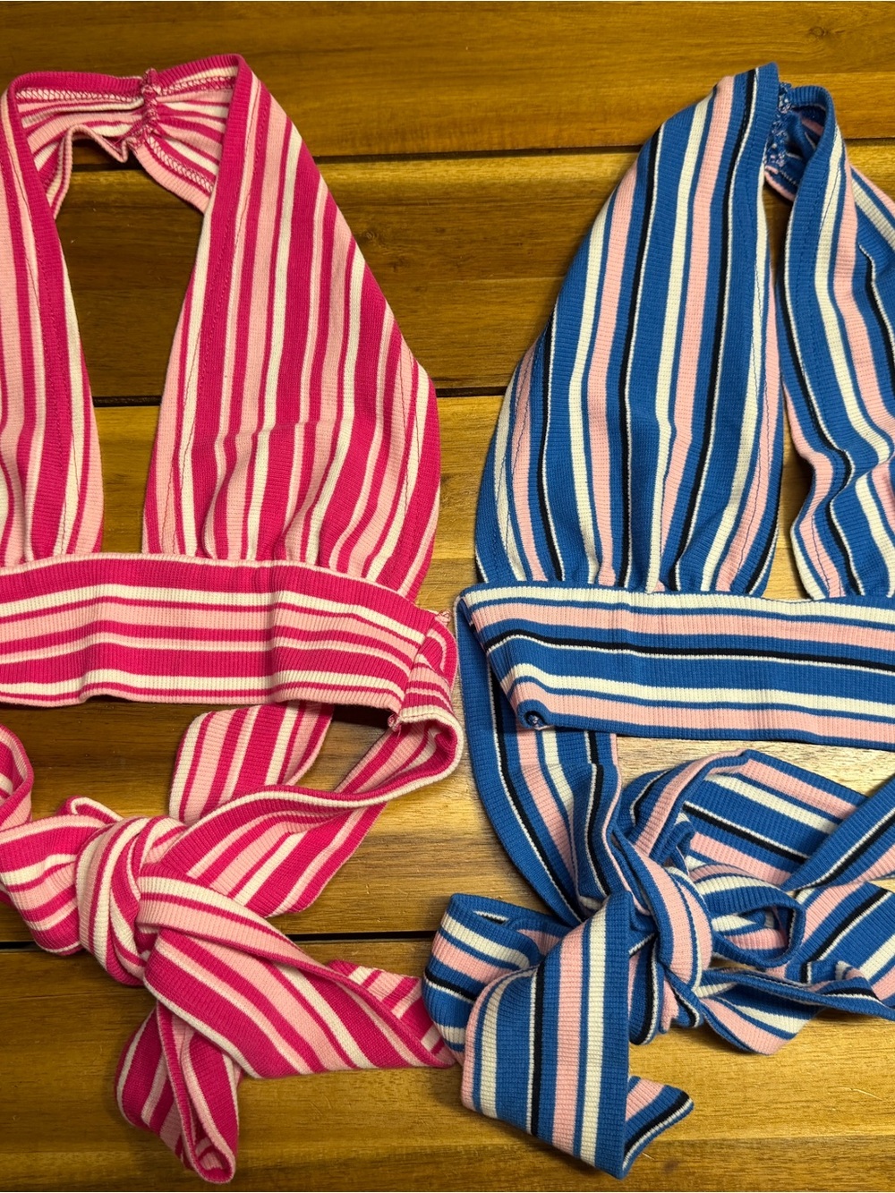 2 Women Striped Halter crop-top - Pink and Blue